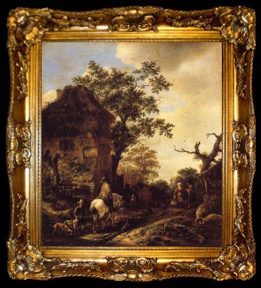 framed  OSTADE, Isaack van The Outskirts of a Village,with a Horseman, ta009-2